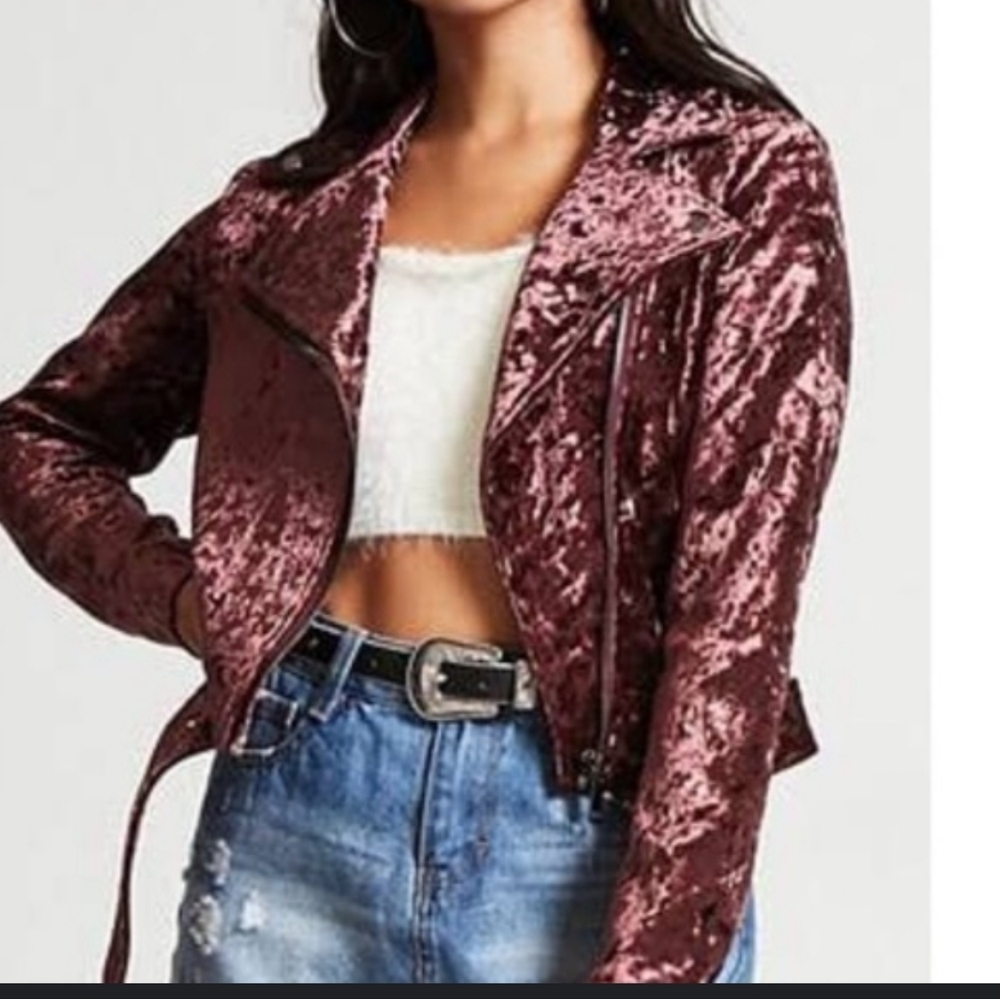 NEW F21 Velvet Moto Jacket Burgundy S
